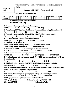 Kiểm tra học kì 1 môn Hóa 11 (nâng cao) - Năm học 2016  2017